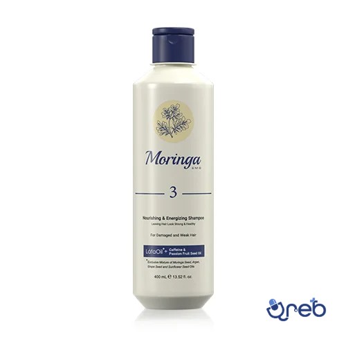 شامپو مغذی و انرژی بخش مورینگا امو 3 مناسب موهای آسیب دیده و ضعیف  400 میلی لیتر