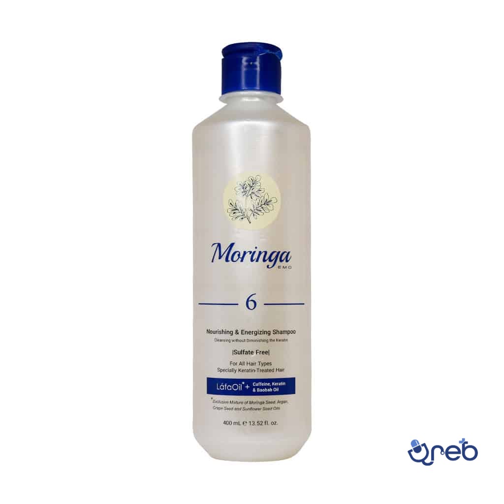 شامپو مغذی و انرژی بخش 6 مورینگا امو مناسب انواع مو به‌ ویژه کراتینه 400 میلی لیتر